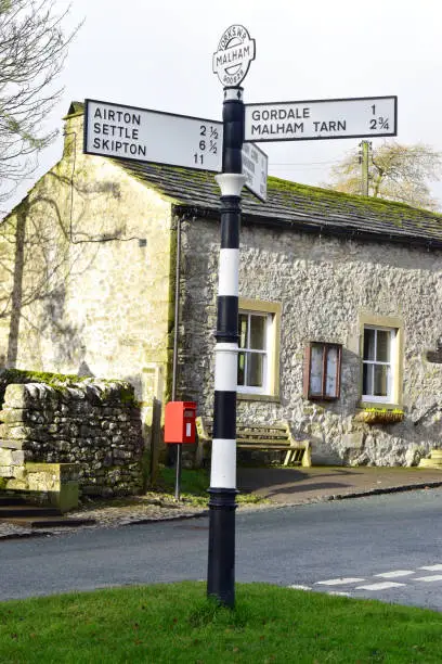 A traditional cast iron road direction sign on road junction in the village of Malham, Yorkshire, England.