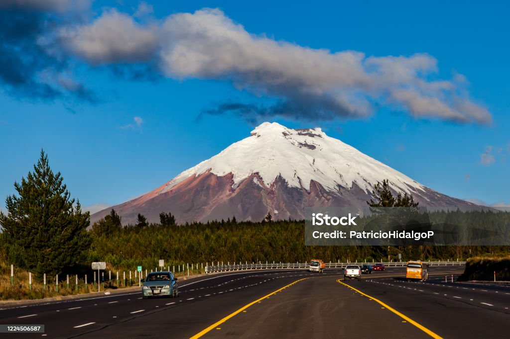 Cotopaxi National Park Cotopaxi volcano seen from the Pan-American highway at sunset Pan-American Highway Stock Photo