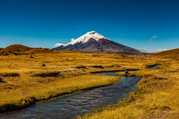North entrance of Cotopaxi National Park, in the background the volcano and stream in the foreground