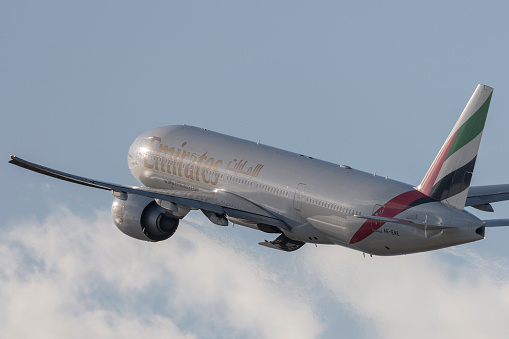 Los Angeles, California, USA - March 10, 2010: Emirates airways Boeing 777 aircraft taking off from Los Angeles International Airport.