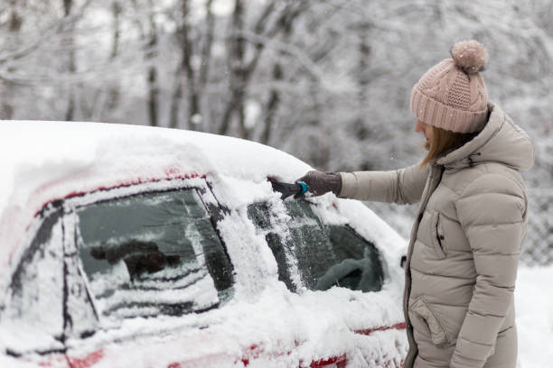 istock Young woman scraping snow with ice scraper 1224509375