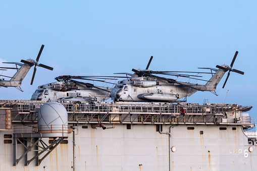 Melbourne, Australia - August 30, 2017: Sikorsky CH-53 heavy lift transport helicopters from the United States Marine Corps (Marine Expeditionary Unit) on the deck of Untied States Navy Wasp class amphibious assault ship the USS Bonhomme Richard (LHD-6).