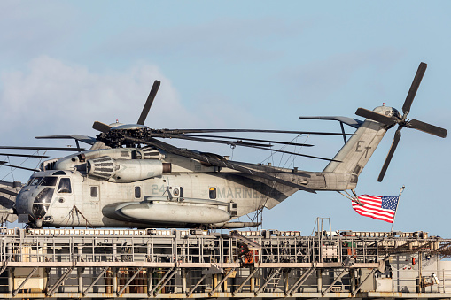 Melbourne, Australia - August 30, 2017: Sikorsky CH-53 heavy lift transport helicopters from the United States Marine Corps (Marine Expeditionary Unit) on the deck of Untied States Navy Wasp class amphibious assault ship the USS Bonhomme Richard (LHD-6).