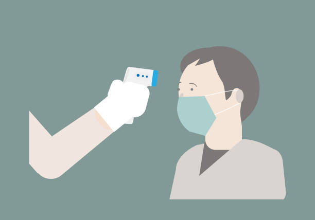 Taking temperature measurement with digital thermometer Doctor taking temperature measurement for screening fever of a man with protective mask at forehead by digital thermometer. Fever is symptom of coronavirus infection. taking temperature forehead stock illustrations