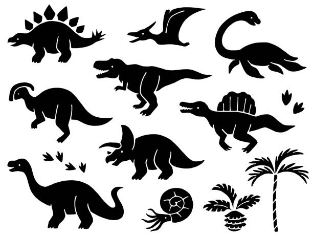 Illustration icon set of dinosaurs Illustration icon set of dinosaurs (hand drawn, silhouette) bush isolated white background plant stock illustrations