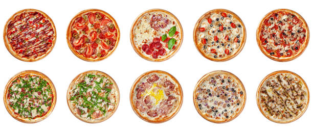 istock Italian cuisine. Set round thin pizza on a wooden board, on a white background. Image is isolated. Top view. 1224512484