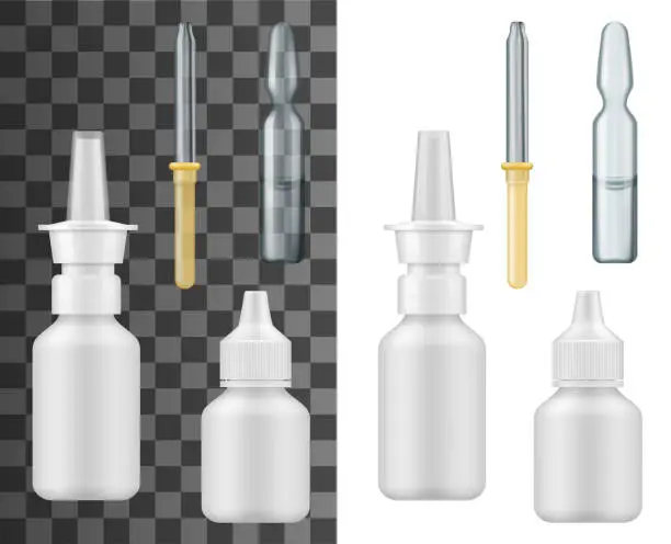Vector illustration of Realistic nasal spray bottle, dropper and ampoule