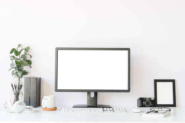 istock Workspace desk and laptop. copy space and blank screen. Business image, Blank screen laptop and supplies. 1224513336