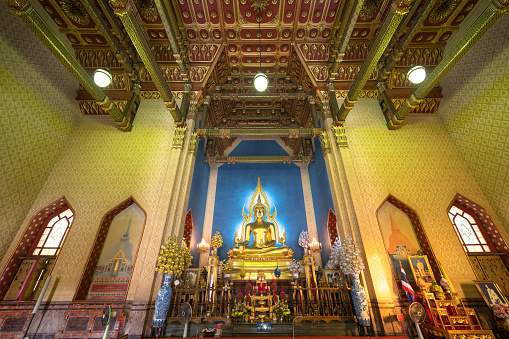 Bangkok, Thailand - April 14, 2019: The Marble Temple in Bankgok Thailand. Locally known as Wat Benchamabophit the most famaus tourist place in bangkok