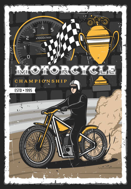 Retro poster, motorcycle races championship Motorcycle races championship, motocross sport cup tournament, vector grunge poster. Motorcycle and bikes racing rally, speedometer, start or finish flag and bike rider in helmet vintage speedometer stock illustrations
