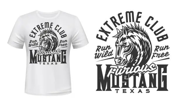 Vector illustration of T-shirt print, mustang horse head, extreme club