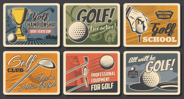 ilustraciones, imágenes clip art, dibujos animados e iconos de stock de carteles retro, campeonato de liga de club de golf - top ilustraciones