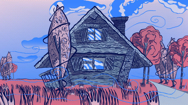 istock Hand-drawn cartoon illustration - Village house in the field. 1224514003