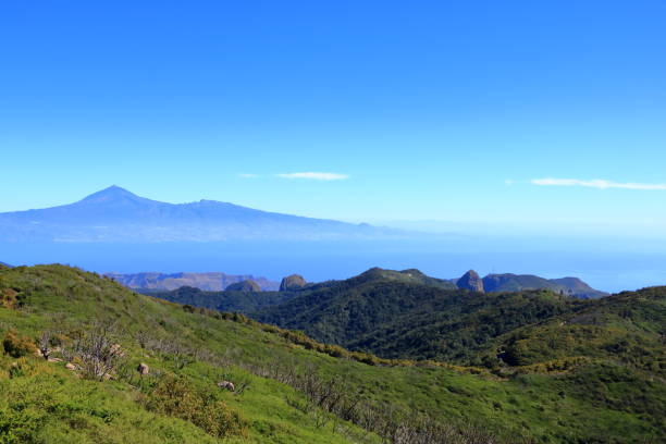 View over the national park Garajonay on La Gomera. In the background the island Tenerife with the Volcano Pico de Teide View over national park Garajonay on La Gomera. In the background the island Tenerife with the Volcano Pico de Teide laurel maryland stock pictures, royalty-free photos & images