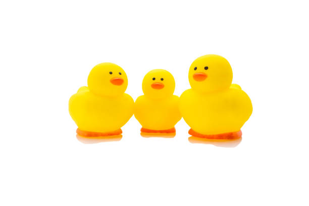 istock Yellow rubber duck, baby bath toy on white background 1224514980