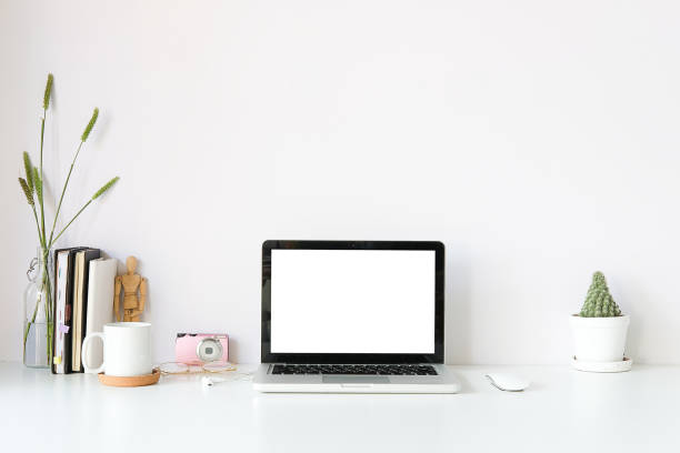 istock Workspace desk and laptop. copy space and blank screen. Business image, Blank screen laptop and supplies. 1224516701