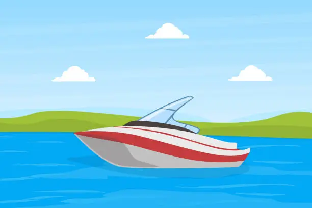 Vector illustration of Small Power Boat on Blue River or Lake on Beautiful Summer Landscape Vector Illustration