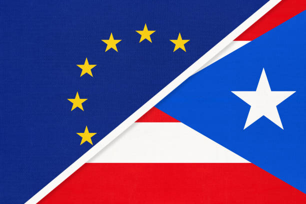 European Union or EU vs Puerto Rico national flag from textile. Symbol of the Council of Europe association. European Union or EU vs Commonwealth of Puerto Rico national flag from textile. Symbol of the Council of Europe association opposite American country. Europe championship porto rico flag stock illustrations