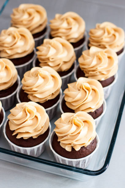istock Chocolate cupcakes with peanut butter cream cheese frosting on glass tray. Plain grey background 1224519562