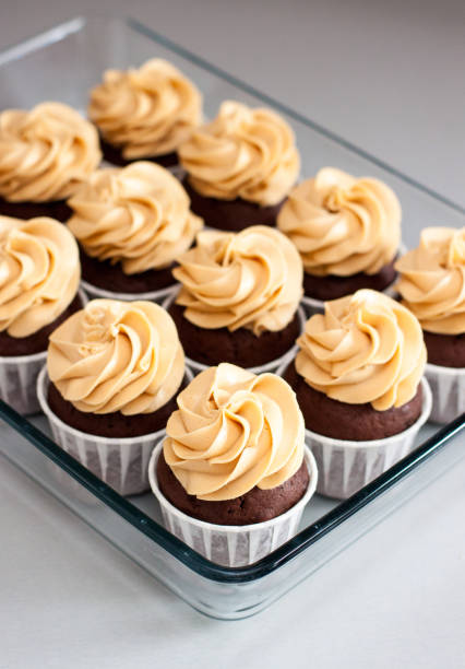 Chocolate cupcakes with peanut butter cream cheese frosting on glass tray. Plain grey background