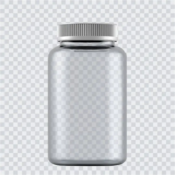 Vector illustration of Realistic mock up glass bottles for drugs, tablets. 3d Plastic blank medical containers isolated on transparent background. Vector illustration