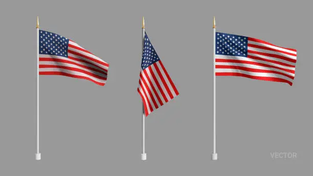 Vector illustration of Realistic American Flag. Waving flag of the USA. 3D advertising textile vector flags. Template for products, advertizing, web banners, leaflets, certificates and postcards. Vector illustration