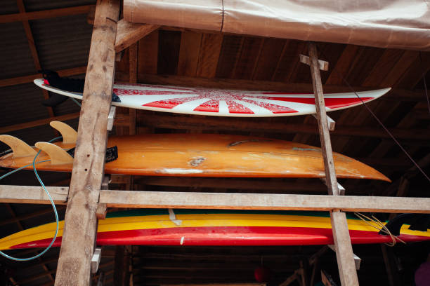 istock Set of different color surf boards in a stack by ocean.BALI. Surf boards on sandy Balangan beach. On Balangan beach. surf is available all year around for beginner and advanced. 1224519968