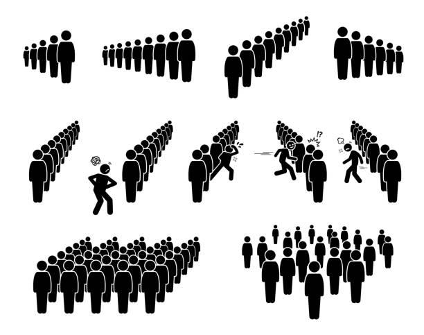 People queue and lining up. Vector artwork of crowd queuing in line waiting their turns. A person is getting impatient and cutting the line. Some masses are scattered and standing everywhere. waiting in line stock illustrations