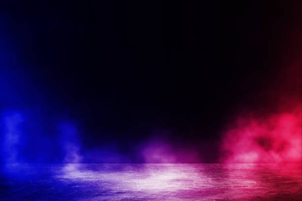 istock Studio dark room with lighting effect red and blue concrete floor gradient background for interior decoration. 1224521894