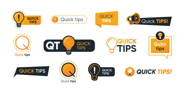 Quick tips letterings set Quick tips letterings set. Abstract shapes, speech bubbles, lightbulbs, exclamation marks with text. Vector illustration for helpful advice, tricks, solution, suggestion concept performing tricks stock illustrations