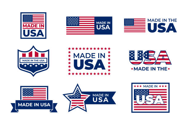 Made in USA badges set Made in USA badges set. American patriotic logos, stamps and seals with national flags. Vector illustration for America, business, manufacture concept usa made in the usa industry striped stock illustrations