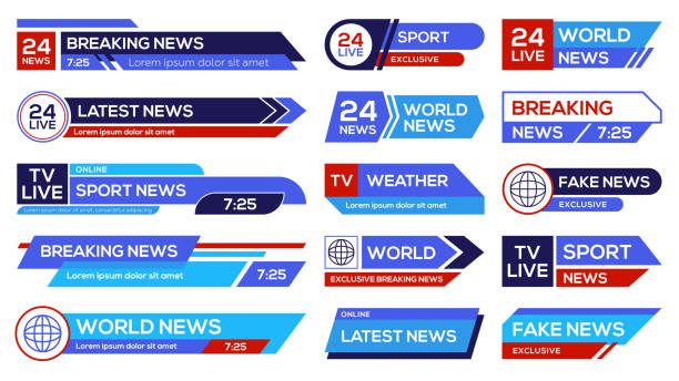 News broadcast emblems set News broadcast emblems set. Headers on lower banners, channels emblems with sport, world, latest, breaking news. Vector illustration for television, TV show concept television lines stock illustrations