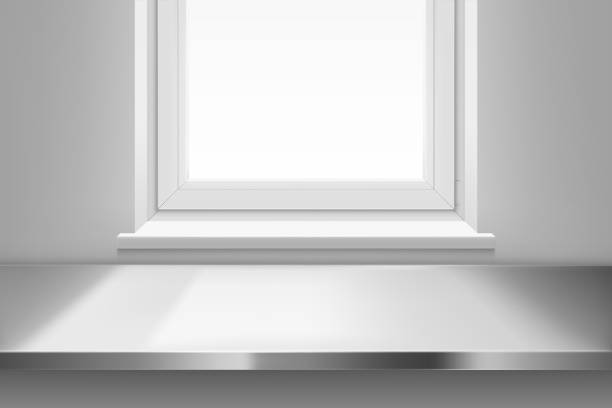 Steel table surface top view front of window. Steel table surface top view front of window with sun light on white wall background. Kitchen or cafe interior with stainless desk, inner design project visualization, Realistic 3d vector illustration aluminum windows stock illustrations