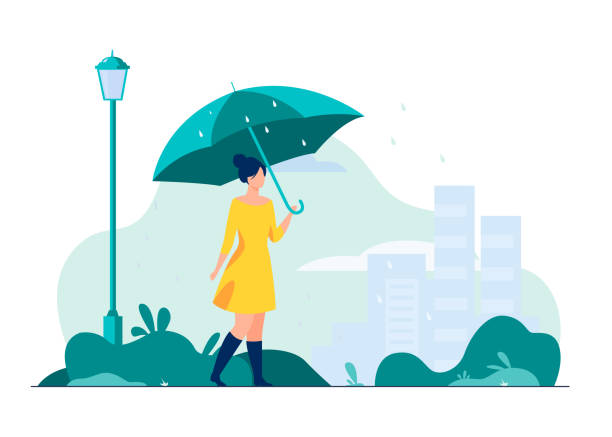 Young girl with orange umbrella flat vector illustration Young girl with orange umbrella flat vector illustration. Woman walking in rainy weather in park. City buildings on background. Rain season. Autumn and landscape concept. all people stock illustrations