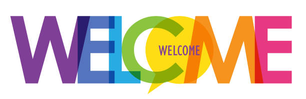 WELCOME colorful typography banner WELCOME colorful gradient vector typography banner with speech bubble symbol welcome sign stock illustrations