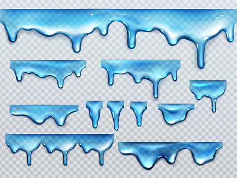 Dripping blue water isolated on transparent background. Vector realistic set of drops, splash and flow clear pure aqua, liquid watercolor paints or tears