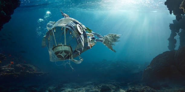 Trash In Sea In Shape Of Open Mouthed Monster Fish A conceptual image showing various items of trash including plastic bags, coffee cup lid, smoothie lid, disposable food container, plastic cutlery, cigarettes, plastic bottles and plastic six pack rings in the shape of a monster fish with its mouth open. Set underwater in the ocean. plastic marine life stock pictures, royalty-free photos & images