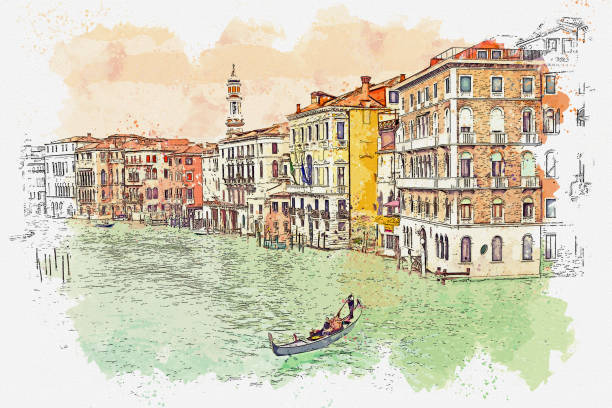 illustrations, cliparts, dessins animés et icônes de paysage urbain d’aquarelle de venise célèbre point de repère à l’italie. - gondolier