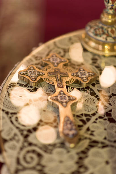 istock Beautiful cross inside romanian church at wedding time 1224529947