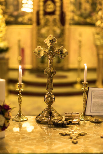 istock Beautiful cross inside romanian church at wedding time 1224529976