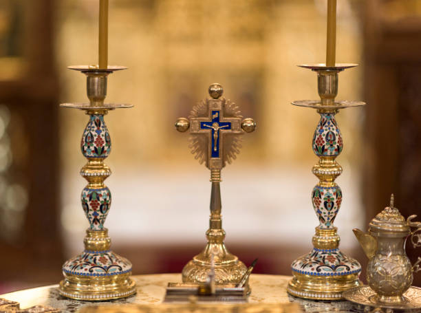 istock Beautiful cross inside romanian church at wedding time 1224529997