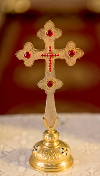 istock Beautiful cross inside romanian church at wedding time 1224530050
