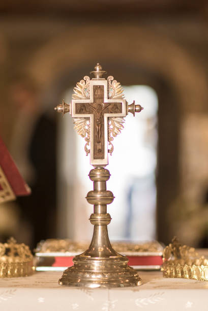 istock Beautiful cross inside romanian church at wedding time 1224530188