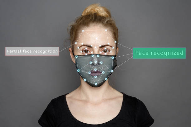 人工知能とニューラルネットワークを用いた医療マスクにおける顔認識生体認証3dスキャン。顔 id。認識システムを通じた個人の識別。ポリゴン ベクトル ワイヤフレームコンセプト - reference point ストックフォトと画像