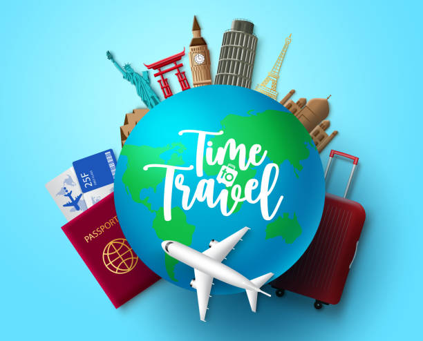 istock Time to travel vector concept design. Time to travel text in globe with travelling and world country landmark elements for vacation trip and tour adventure. 1224533009