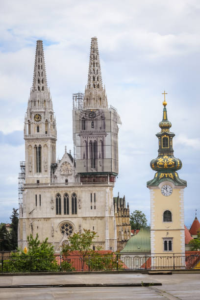 Zagreb cathedral without both crosses Zagreb, Croatia - 15 April, 2020 : View from upper Town on the Zagreb cathedral without both crosses on the top of the towers after earthquake that have damage it in Zagreb, Croatia. zagreb earthquake stock pictures, royalty-free photos & images