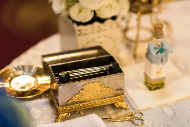 Photo of Different objects inside of a church,  at wedding time,  romanian style