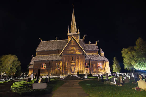 Lom Stave Church at night, Fossbergom, Oppland, Norway.
