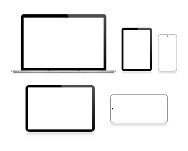laptop, tablet, smartphone, handy in schwarz und silber farbe mit reflexion, realistische vektor-illustration - tablet stock-grafiken, -clipart, -cartoons und -symbole