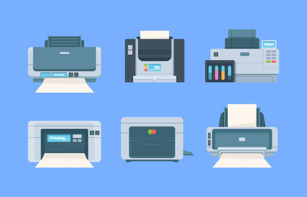 ilustrações de stock, clip art, desenhos animados e ícones de printers. documents and photo on papers copy machines for printing house vector flat illustration - inkjet